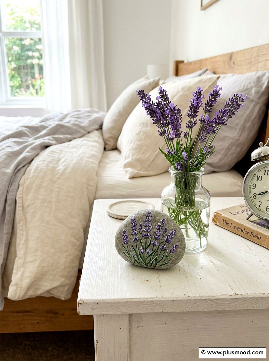 Lavender Sprig Painted Rock - 25 painted rock ideas with nature prints