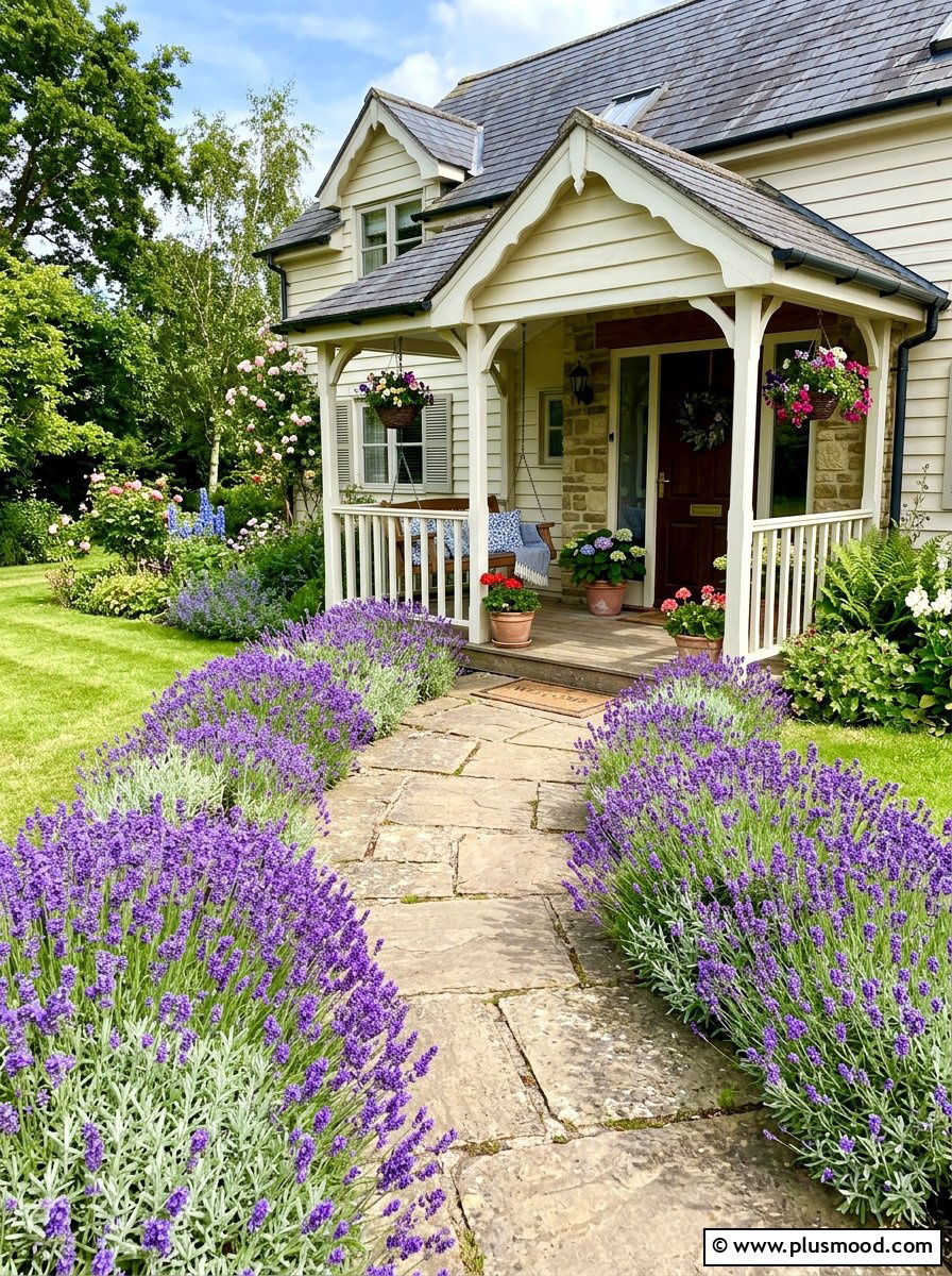 Lavender Walkway Border - 25 summer front porch landscaping ideas