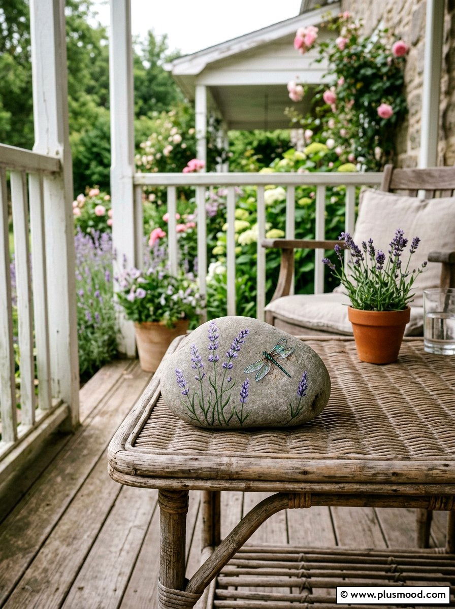 Lavender and dragonfly rock art - 25 painted rock ideas with dragonflies