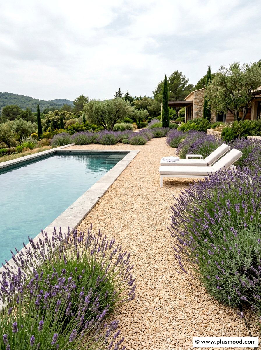 Lavender and gravel pool deck - 25 pool landscaping ideas with lavender