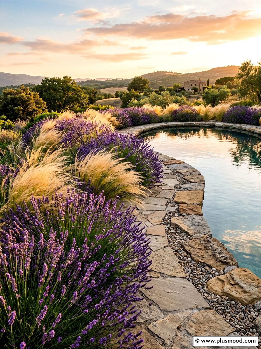 Lavender and ornamental grass pool - 25 pool landscaping ideas with lavender