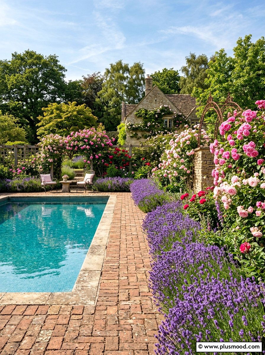 Lavender and rose pool garden - 25 pool landscaping ideas with lavender