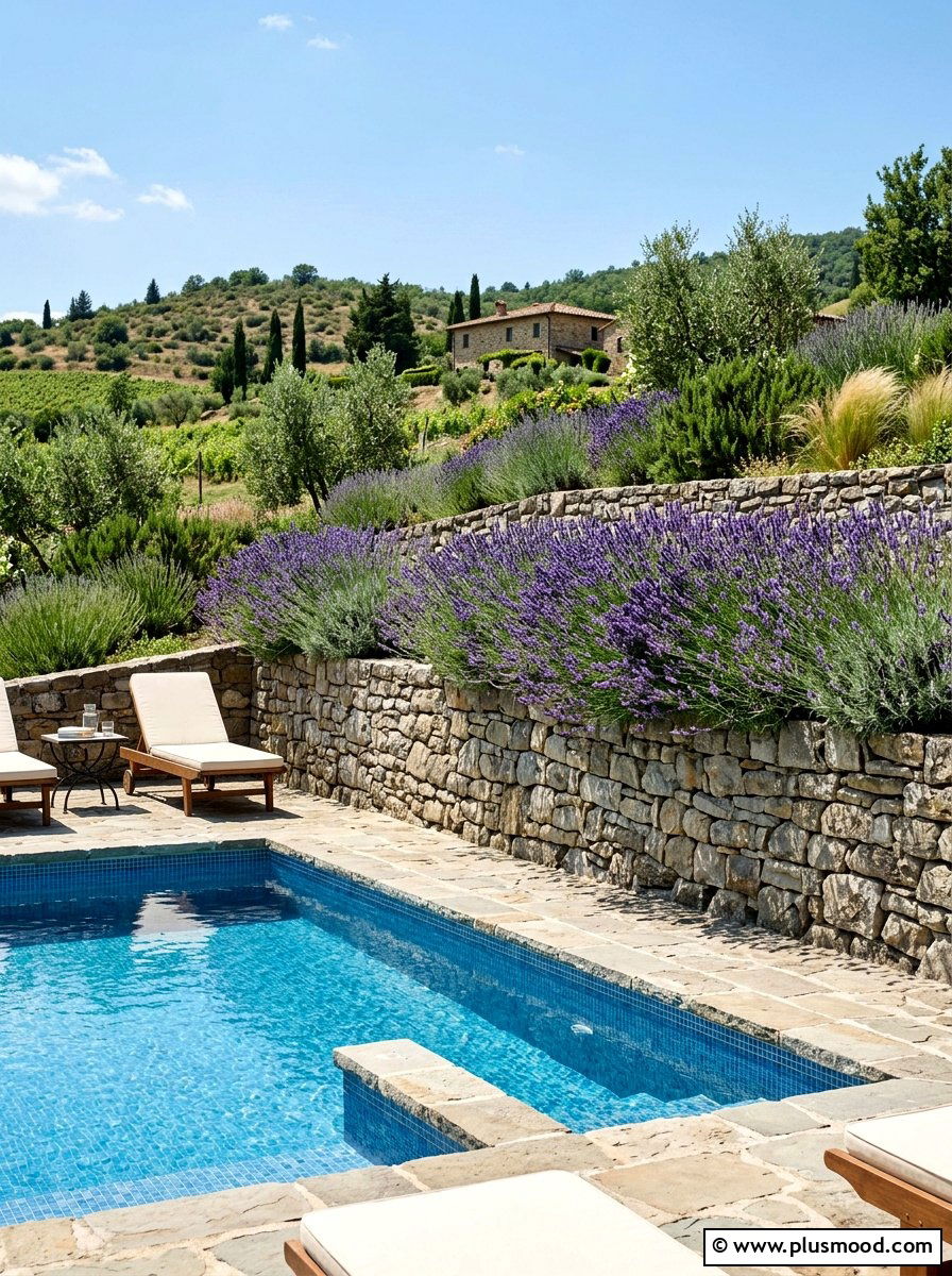 Lavender and stone wall pool - 25 pool landscaping ideas with lavender