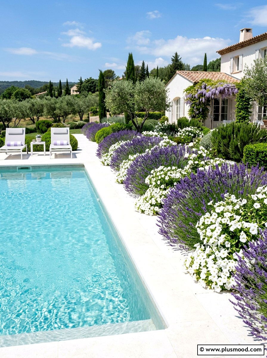 Lavender and white flower pool - 25 pool landscaping ideas with lavender