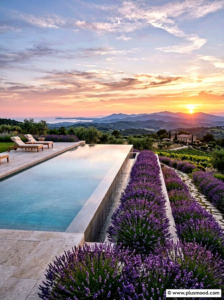 Lavender around infinity pool - 25 pool landscaping ideas with lavender