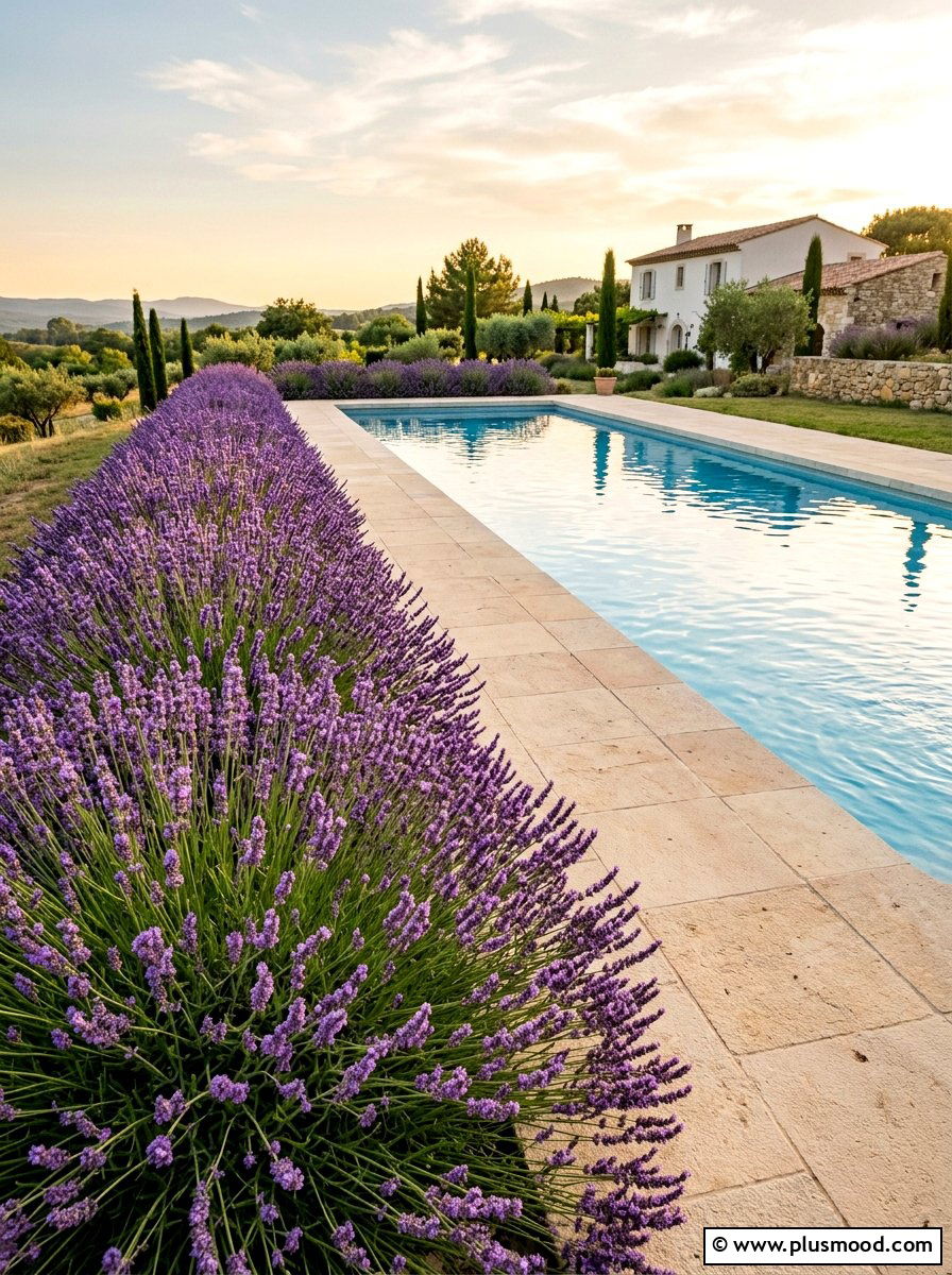 Lavender border for swimming pool - 25 pool landscaping ideas with flower beds