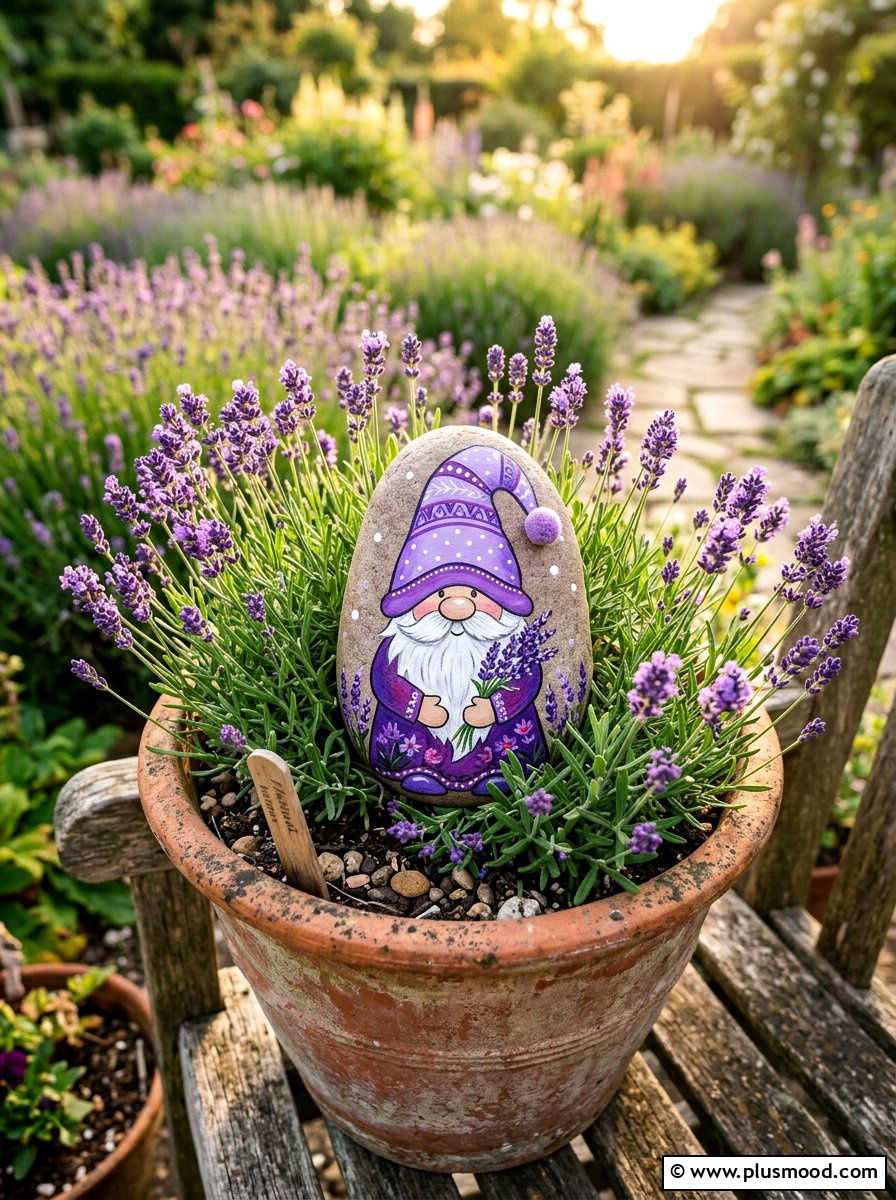Lavender gnome - 25 painted rock ideas with gnomes