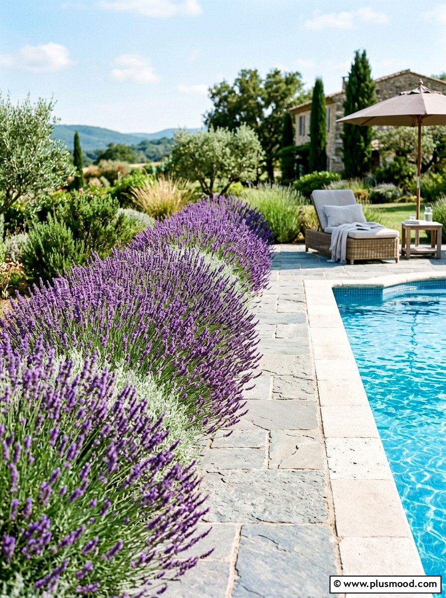 Lavender pool border - 25 pool landscaping ideas for colonial homes