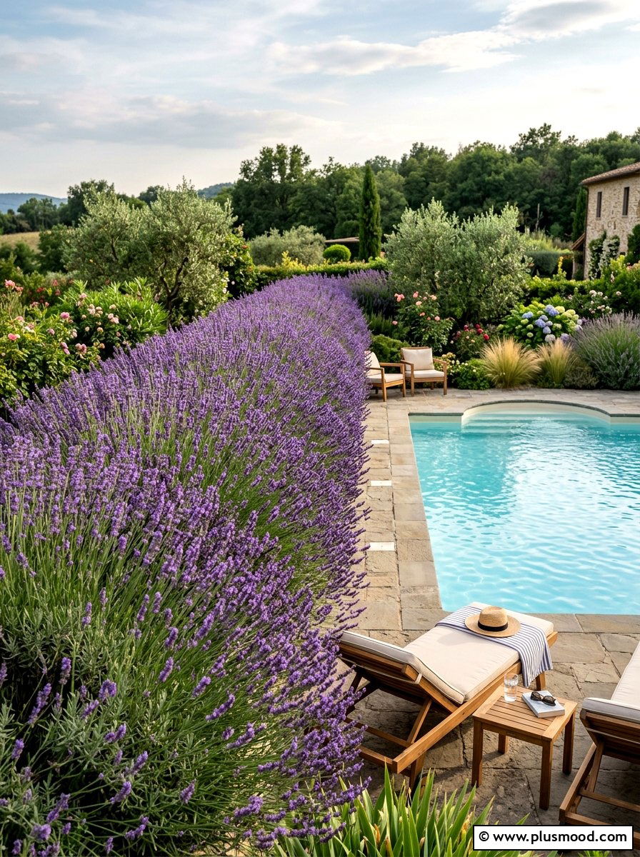 Lavender privacy hedge for pool - 25 pool landscaping ideas with lavender