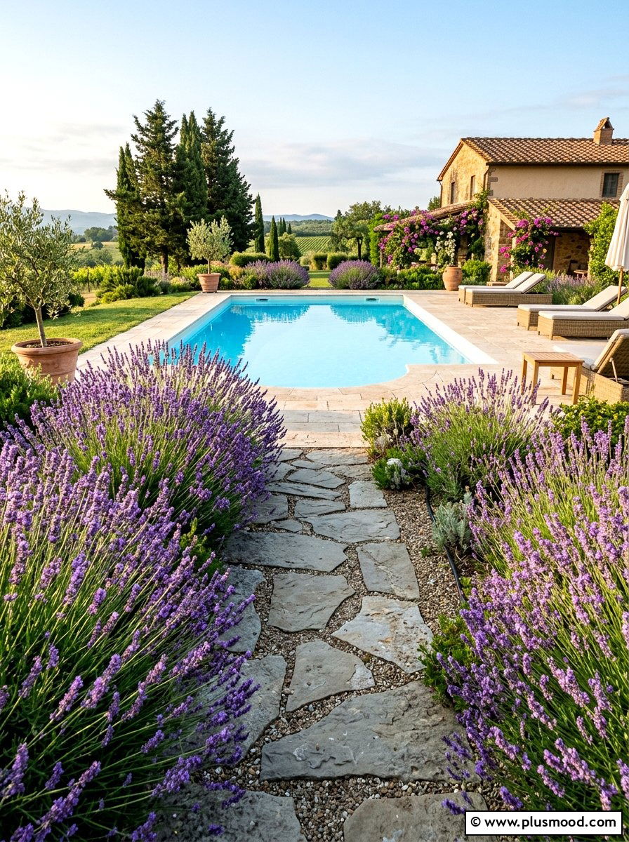 Lavender walkway to pool - 25 pool landscaping ideas with lavender