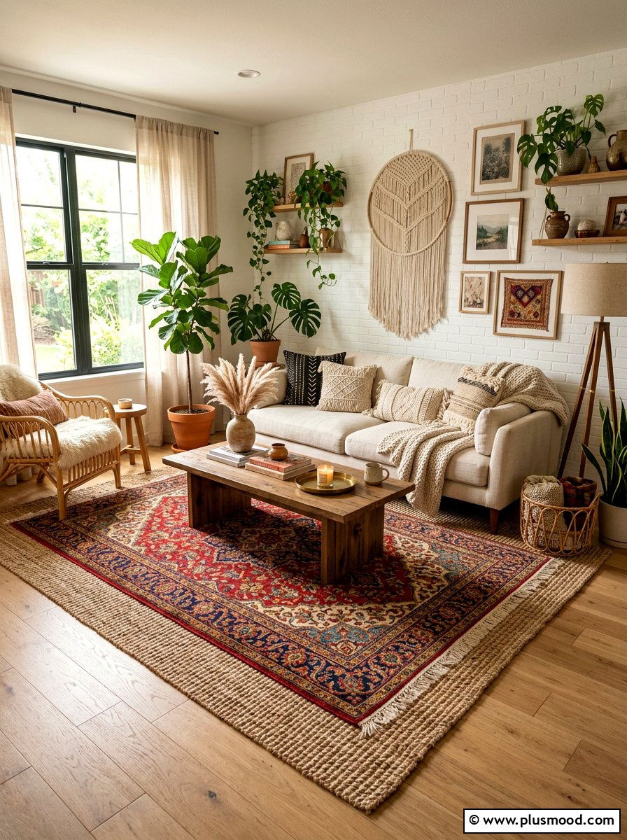 Layered Area Rugs - 25 summer boho home decor ideas