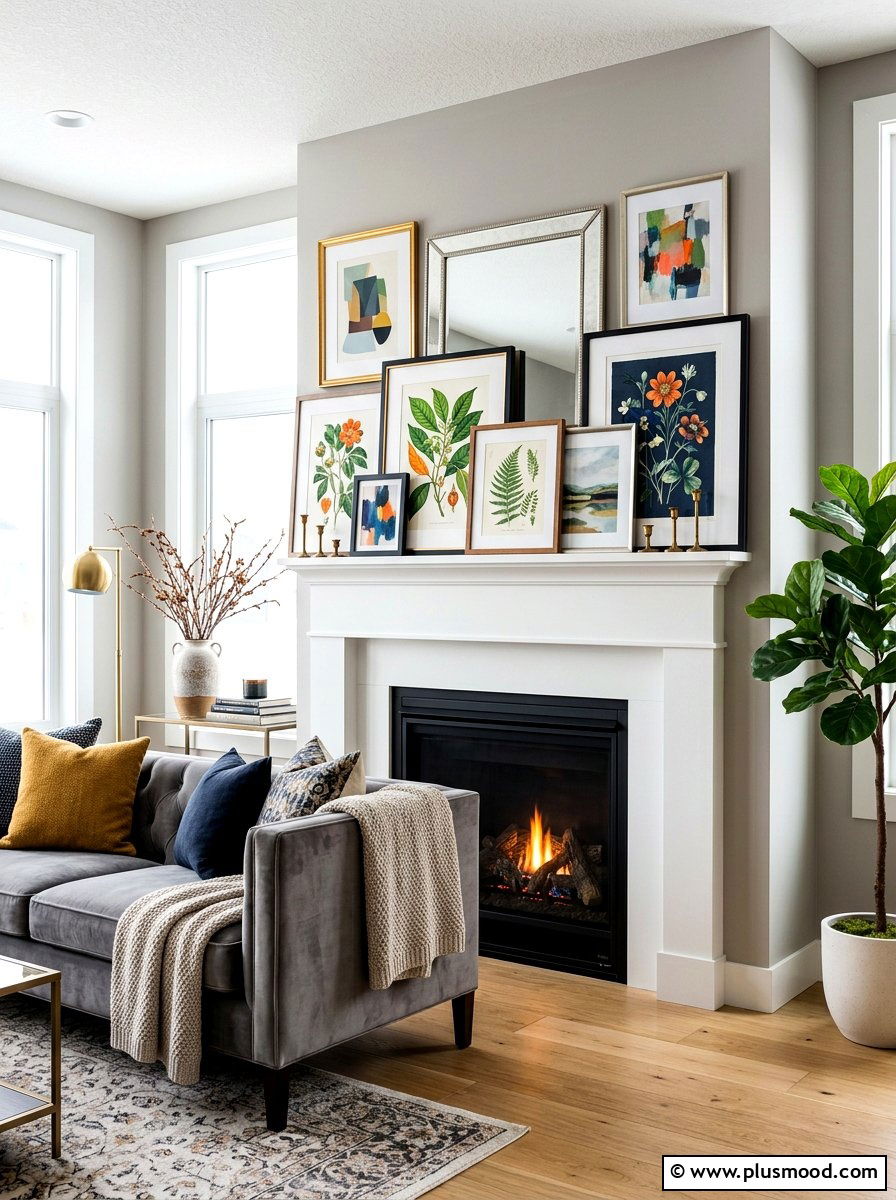 Layered Art Fireplace Mantel - 25 summer mantel decor ideas