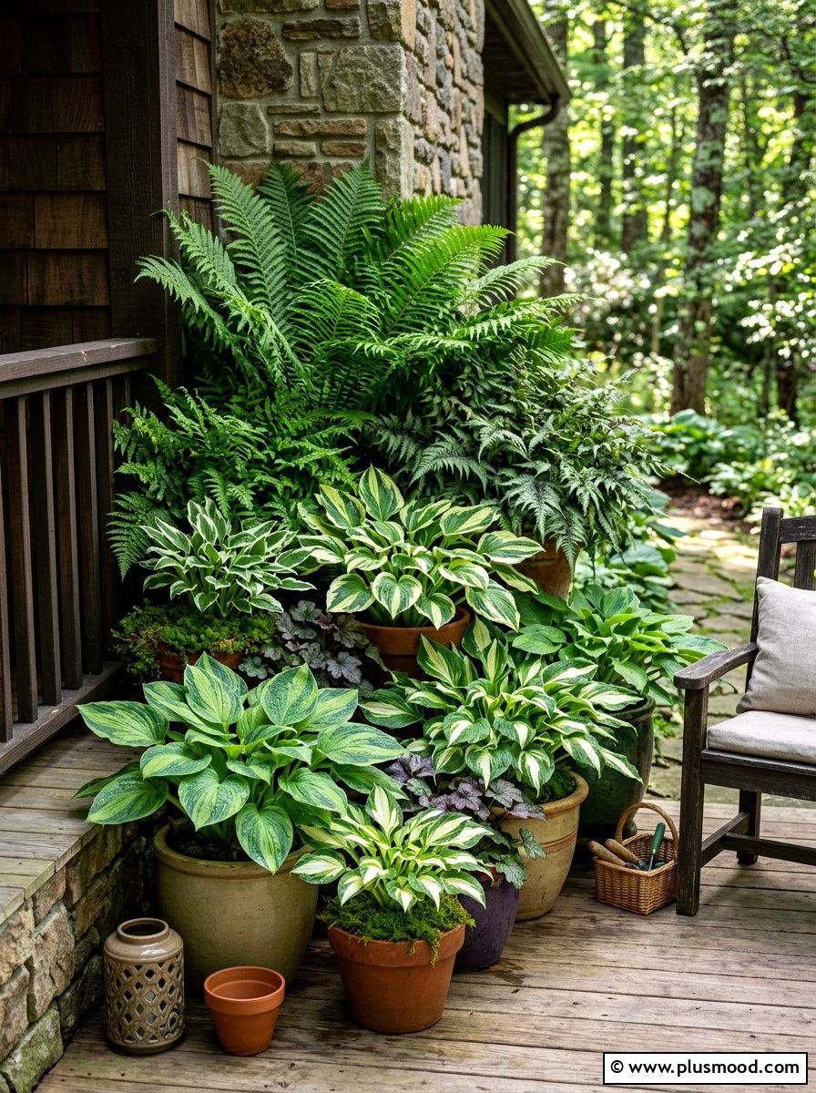 Layered Fern and Hosta Porch Garden - 25 summer potted fern ideas for porch