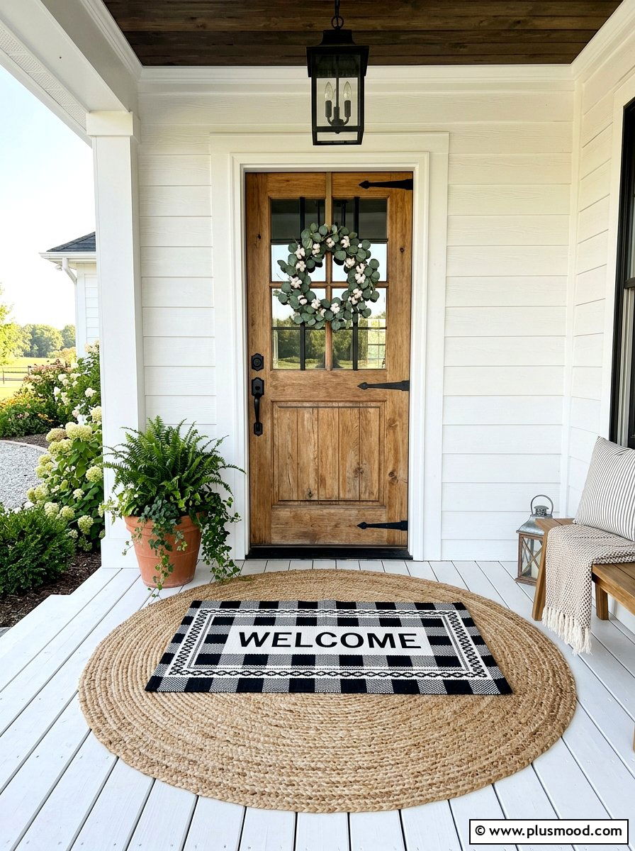 Layered Front Door Rugs - 25 summer farmhouse curb appeal ideas