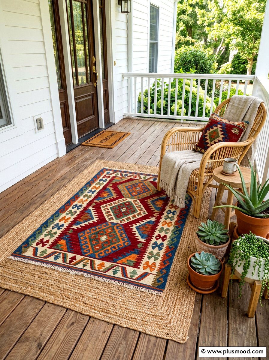 Layered Front Porch Rugs - 25 summer boho front porch ideas
