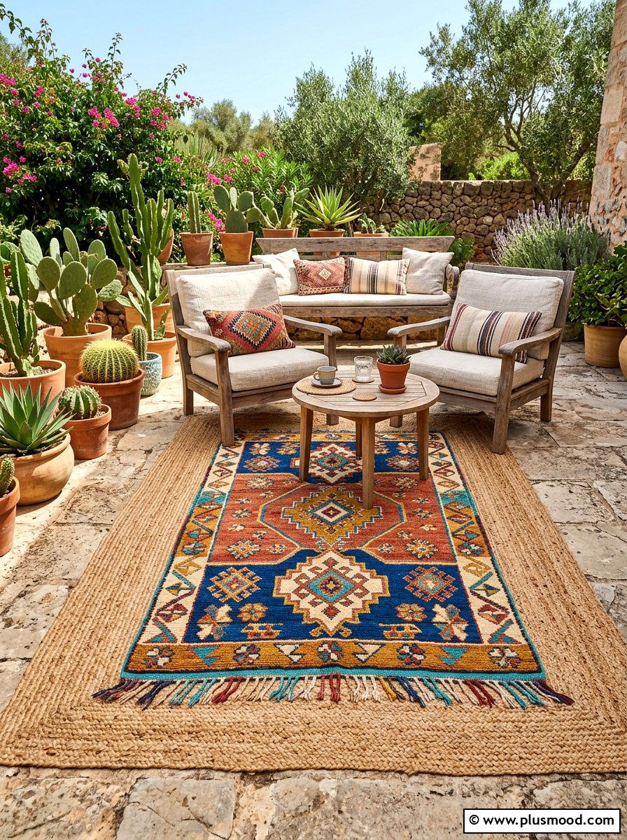 Layered Outdoor Rug - 25 summer boho patio decor ideas
