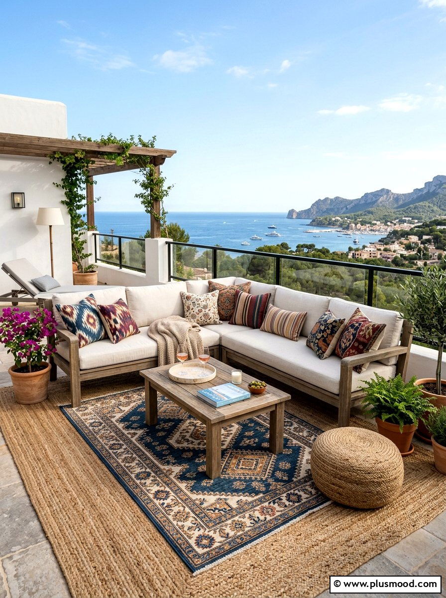 Layered Outdoor Rugs - 25 summer balcony rug ideas