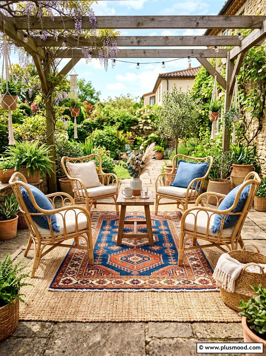 Layered Outdoor Rugs - 25 summer boho patio ideas