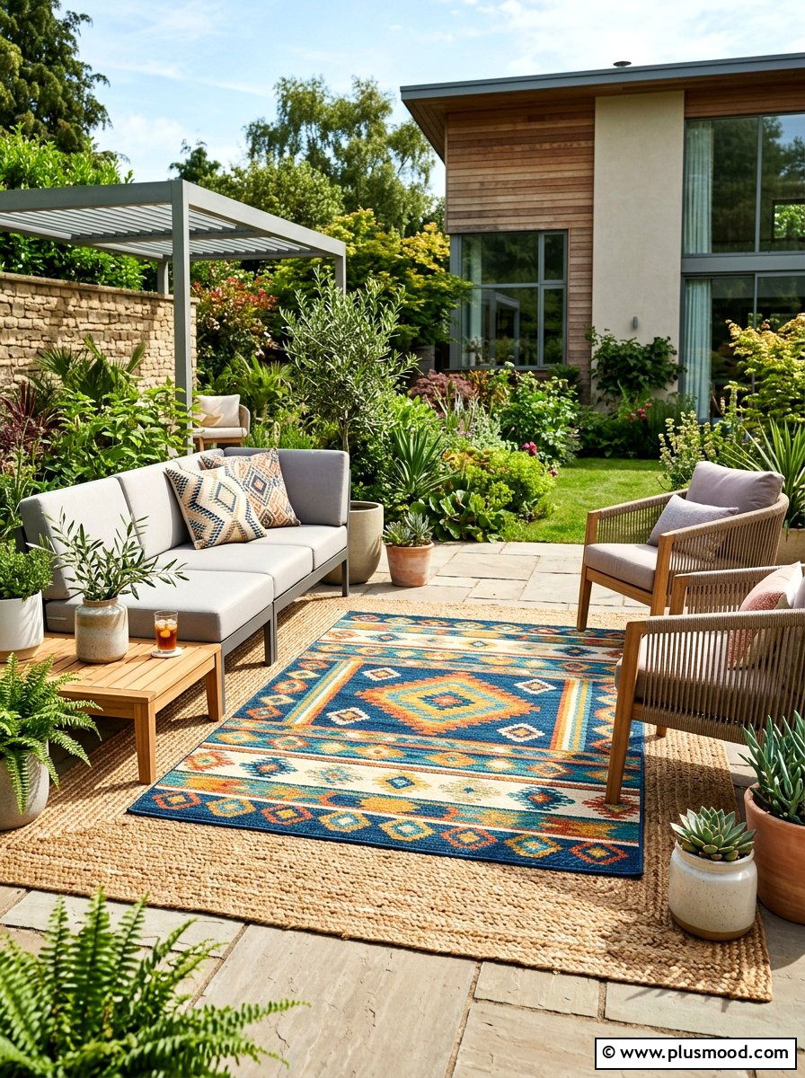 Layered Outdoor Rugs - 25 summer patio garden ideas