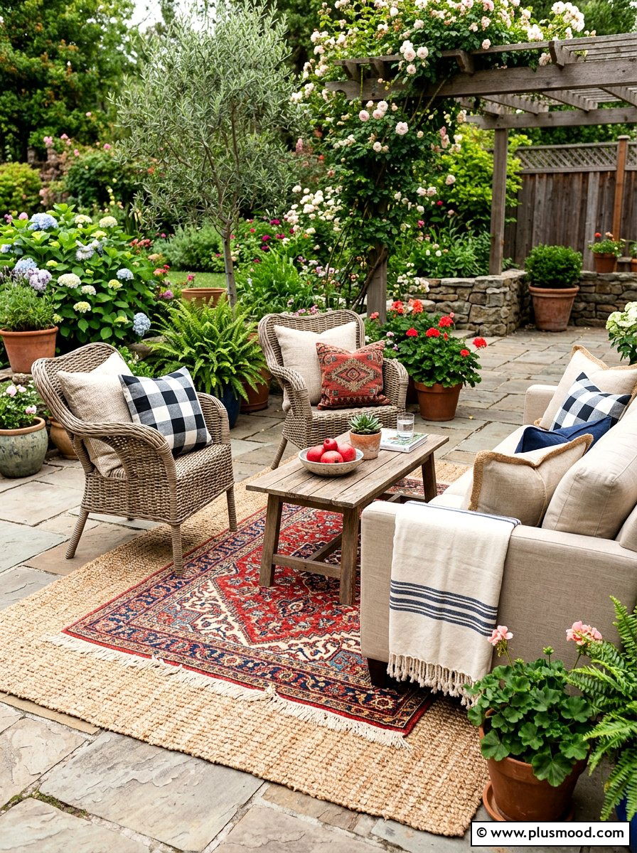 Layered Patio Textiles - 25 summer farmhouse patio ideas