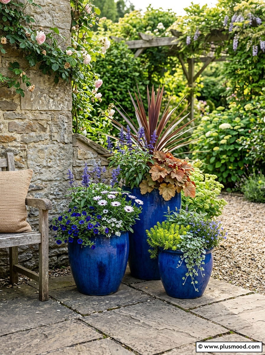 Layered Pot Arrangement - 25 small backyard ideas with potted plants