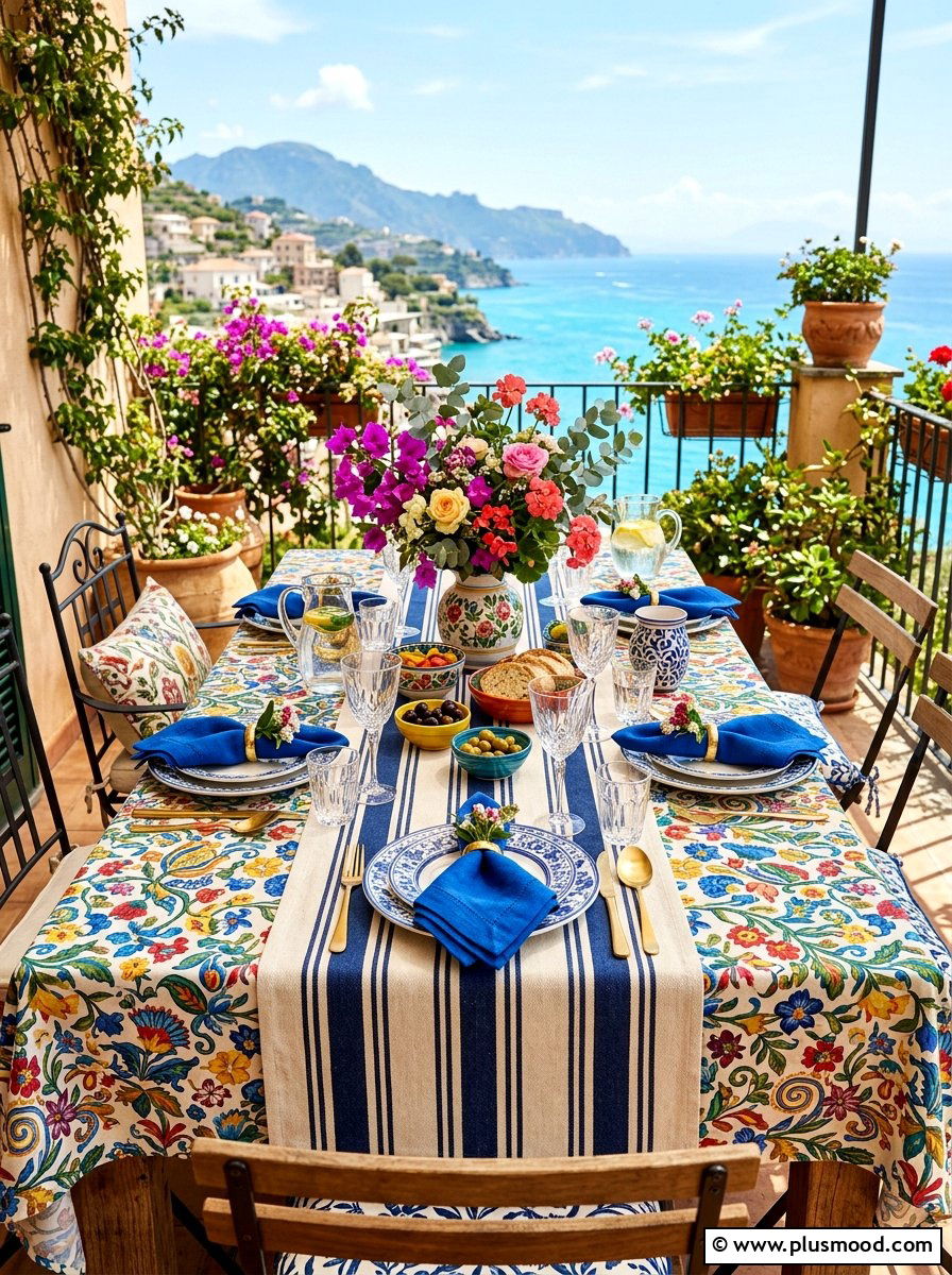 Layered Textile Table Decor - 25 summer balcony table decor ideas