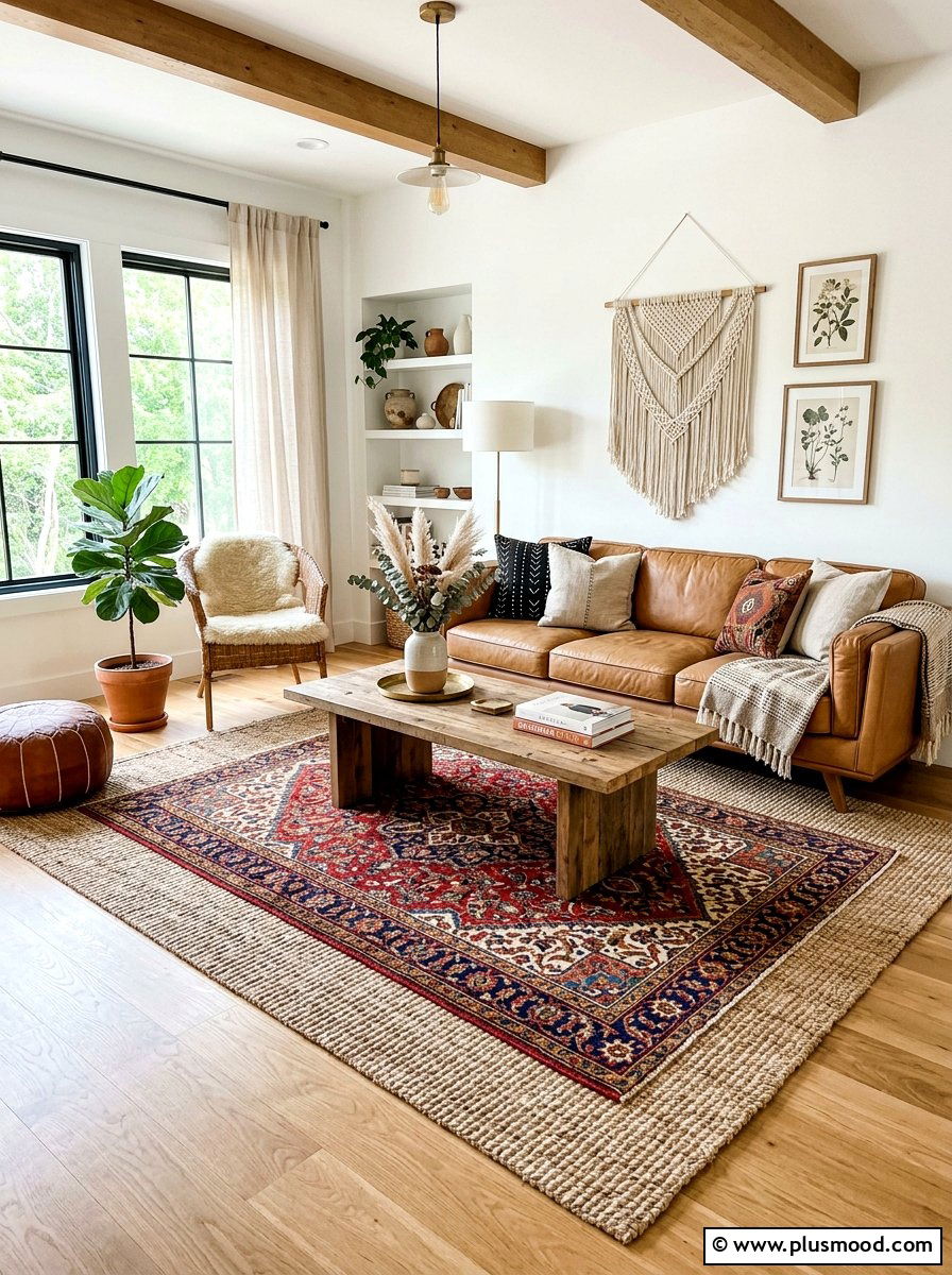 Layered area rug styling - 25 summer to fall living room decor ideas