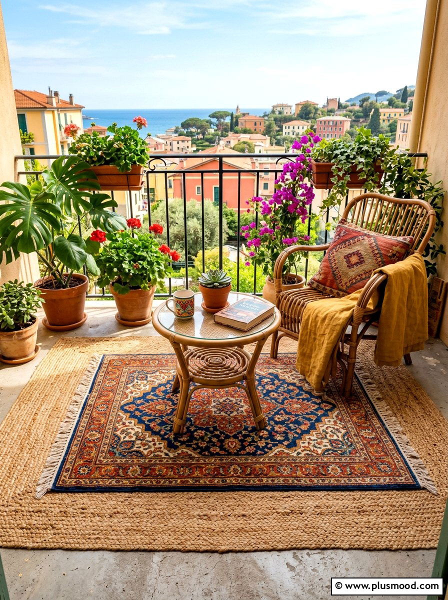 Layered balcony rugs - 25 summer boho balcony ideas