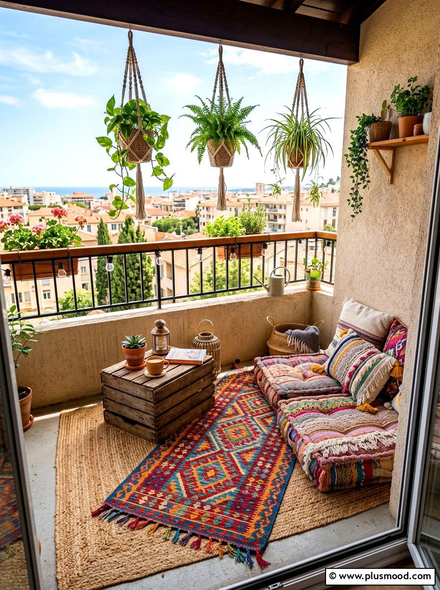 Layered balcony rugs - 25 summer balcony floor decor ideas