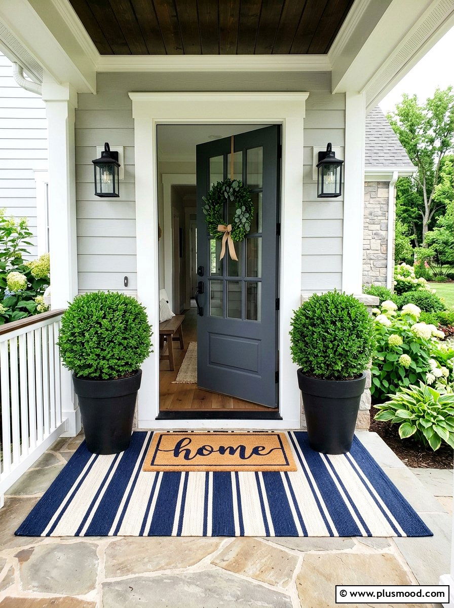 Layered front door rugs - 25 summer front porch decor ideas with topiaries