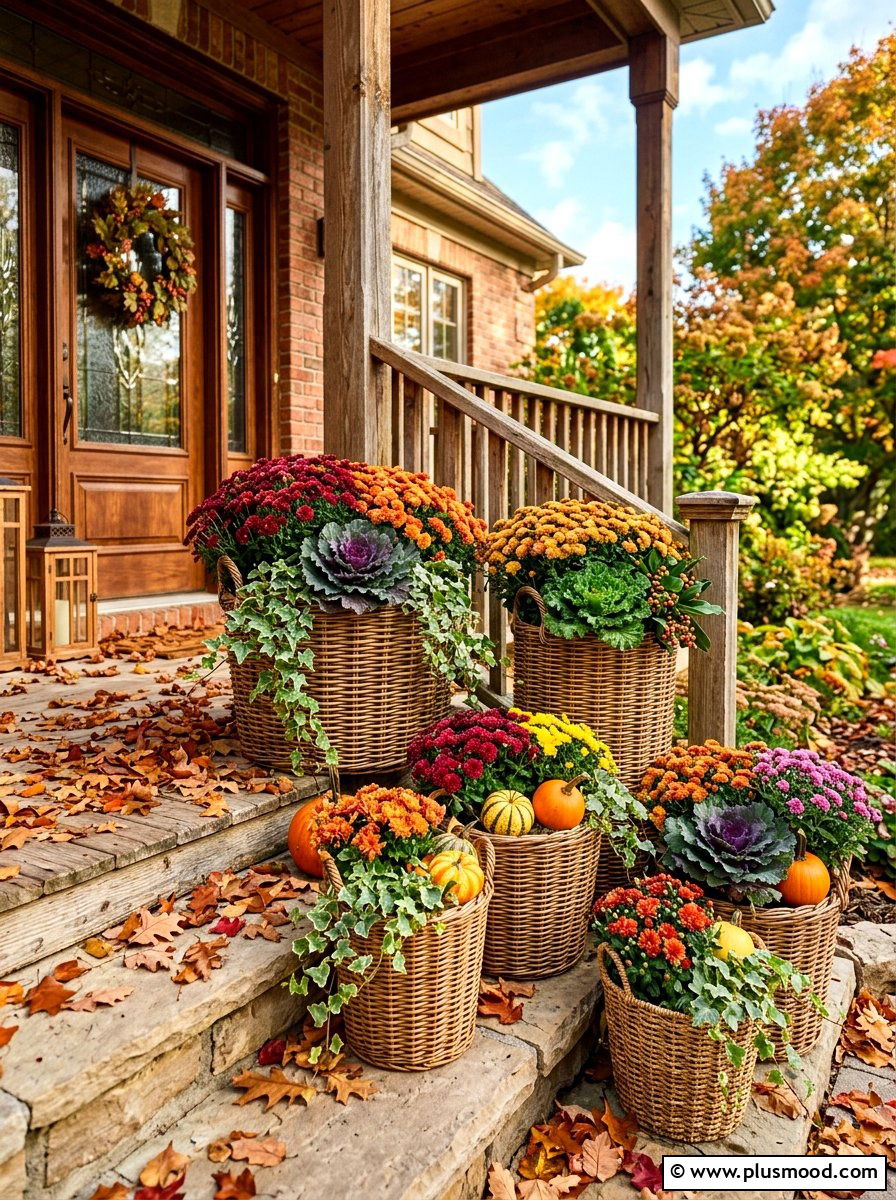 Layered harvest basket - 25 summer to fall front porch planter ideas