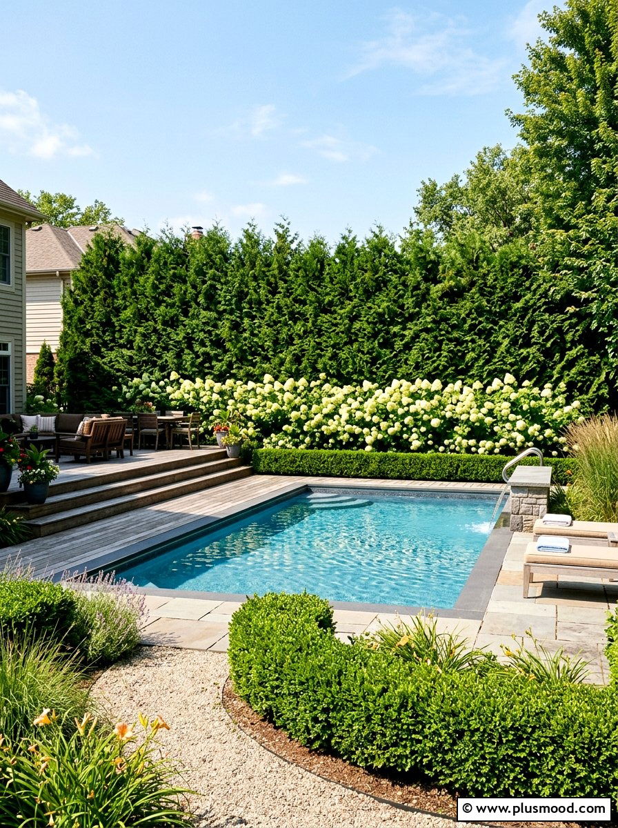 Layered hedge pool landscape - 25 pool landscaping ideas with hedge border