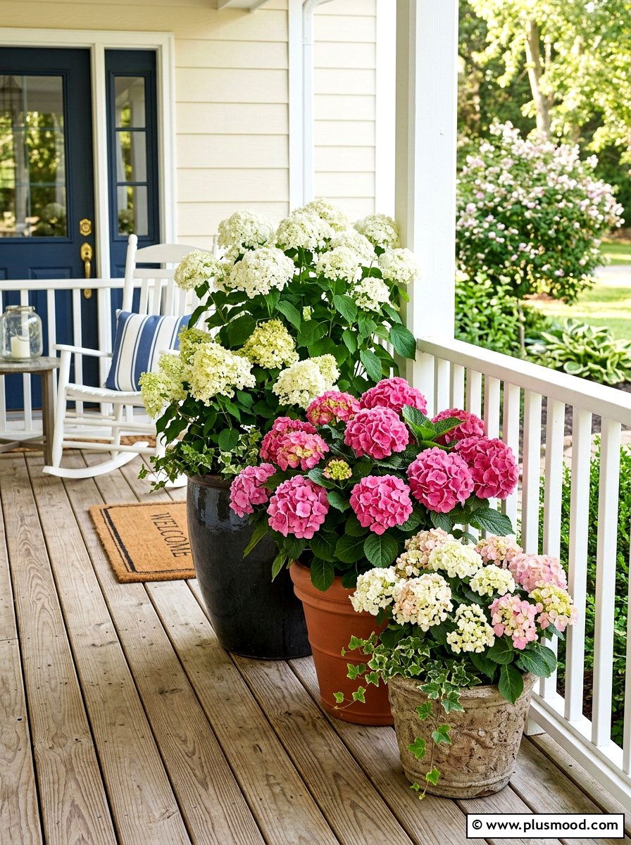 Layered hydrangea porch containers - 25 summer front porch decor ideas with hydrangeas