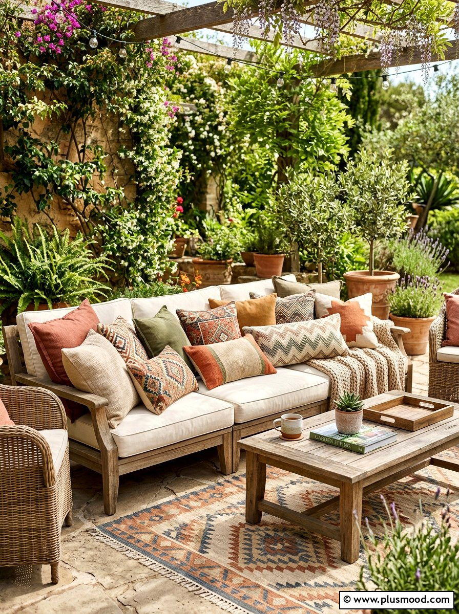 Layered outdoor pillows - 25 late summer patio ideas