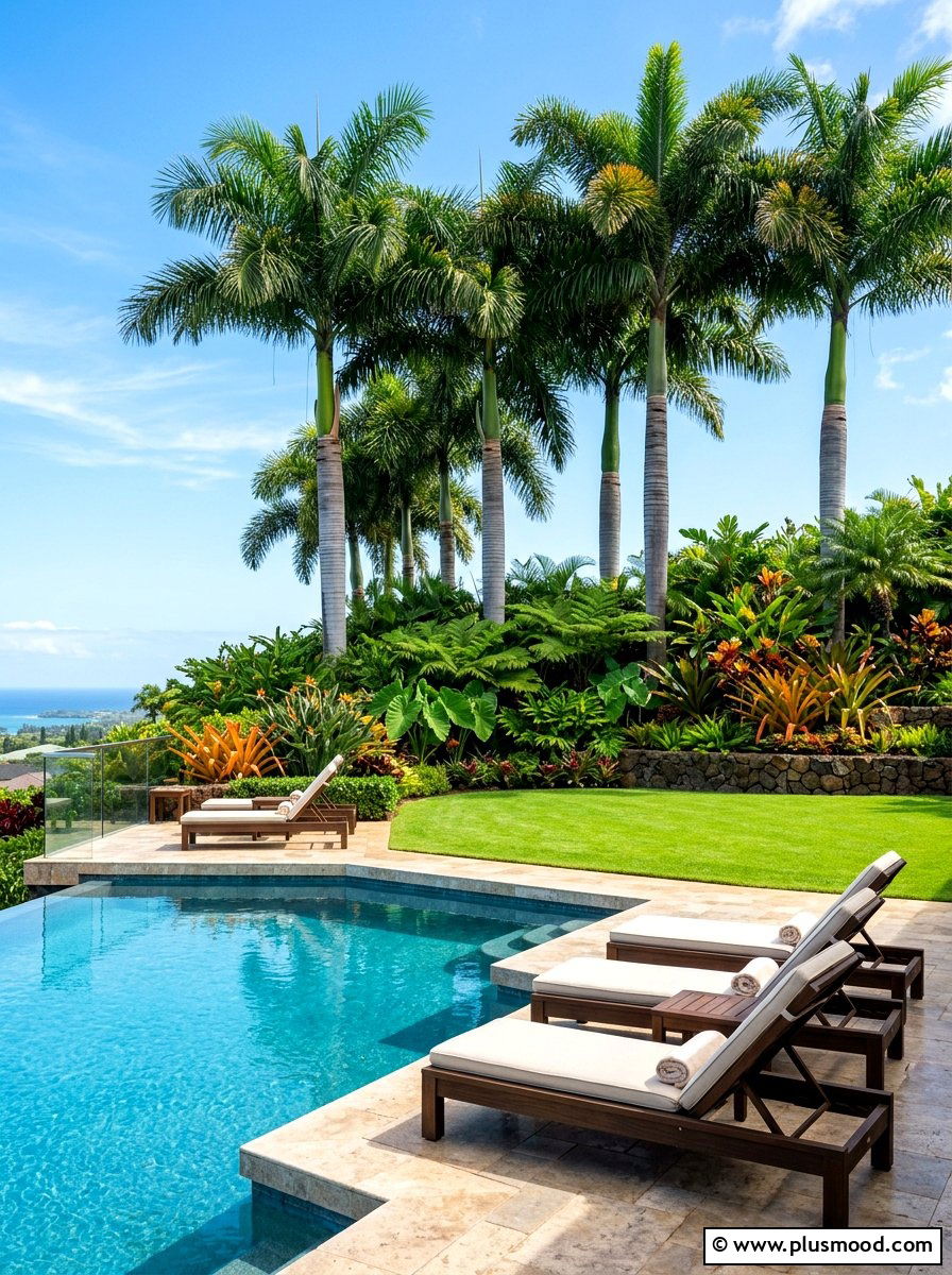 Layered pool garden with king palms - 25 summer pool landscaping ideas with palms