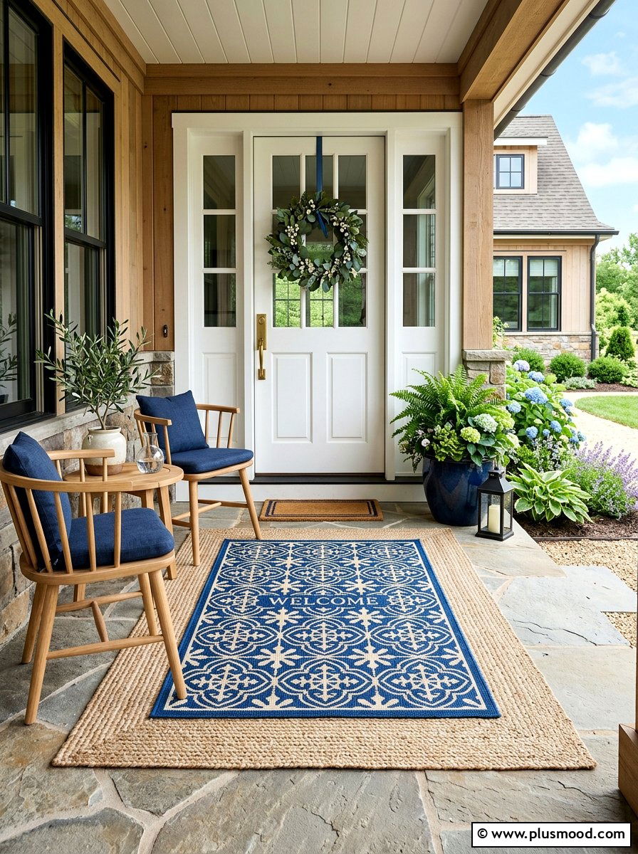 Layered rug front entry - 25 summer elegant front porch ideas