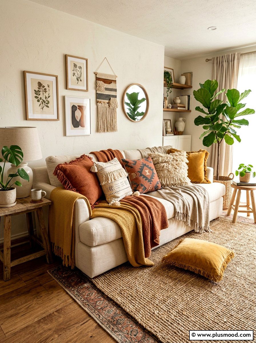 Layered textiles - 25 boho summer living room ideas