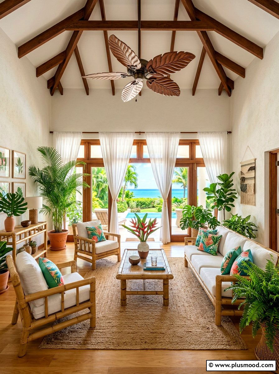 Leaf Blade Ceiling Fan - 25 summer tropical living room ideas