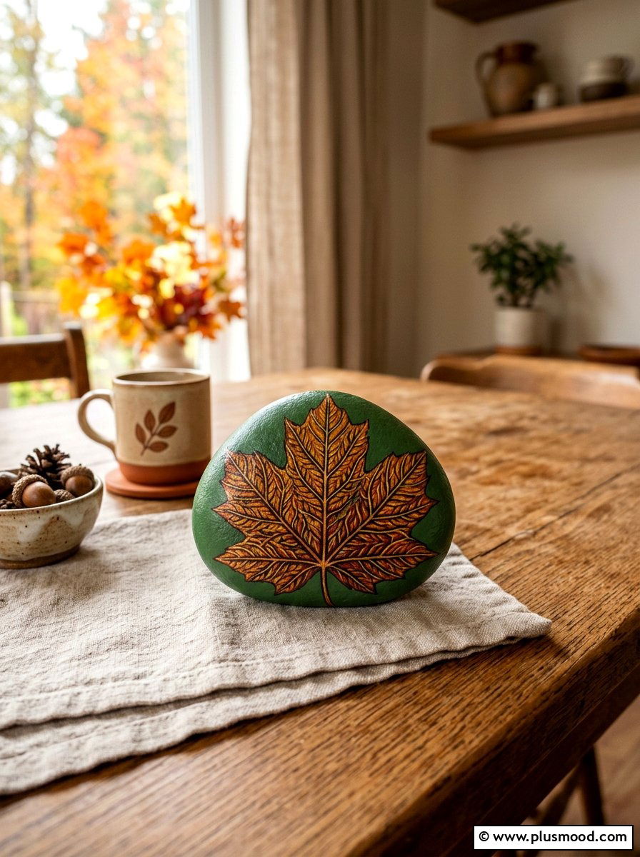 Leaf Pattern Painted Stone - 25 painted rock ideas with zentangle art
