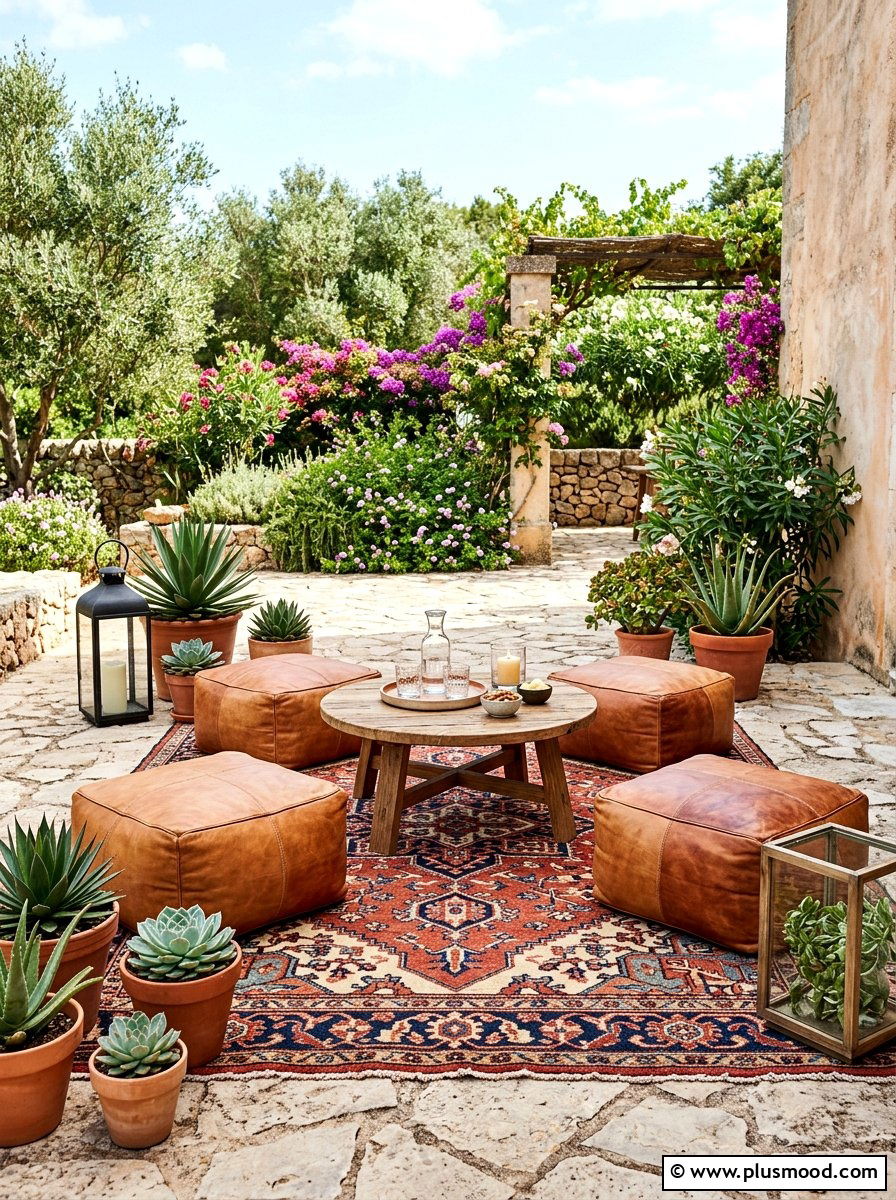 Leather Floor Pouf - 25 summer boho outdoor party ideas