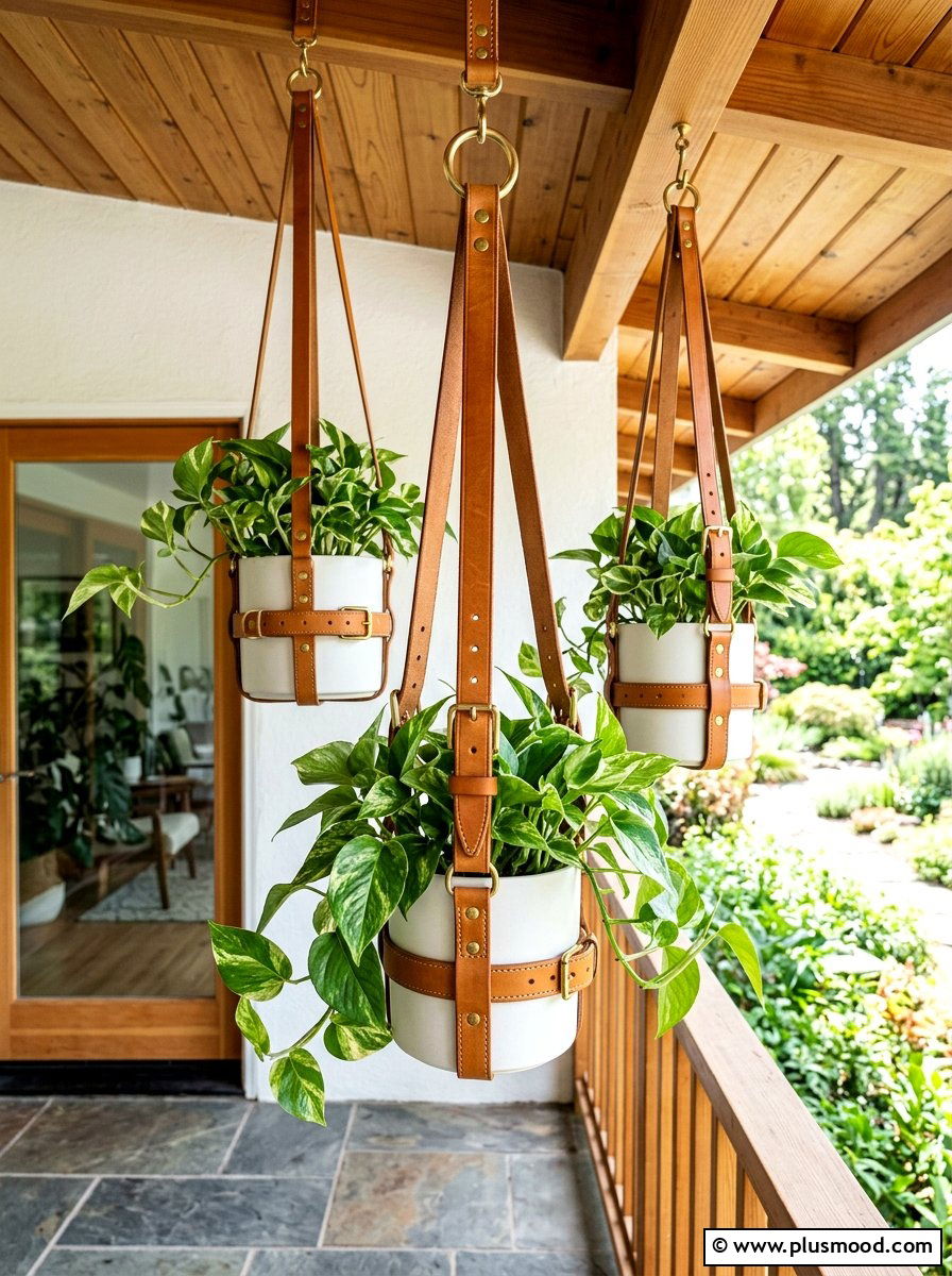 Leather strap hanging planters - 25 small backyard ideas with hanging plants