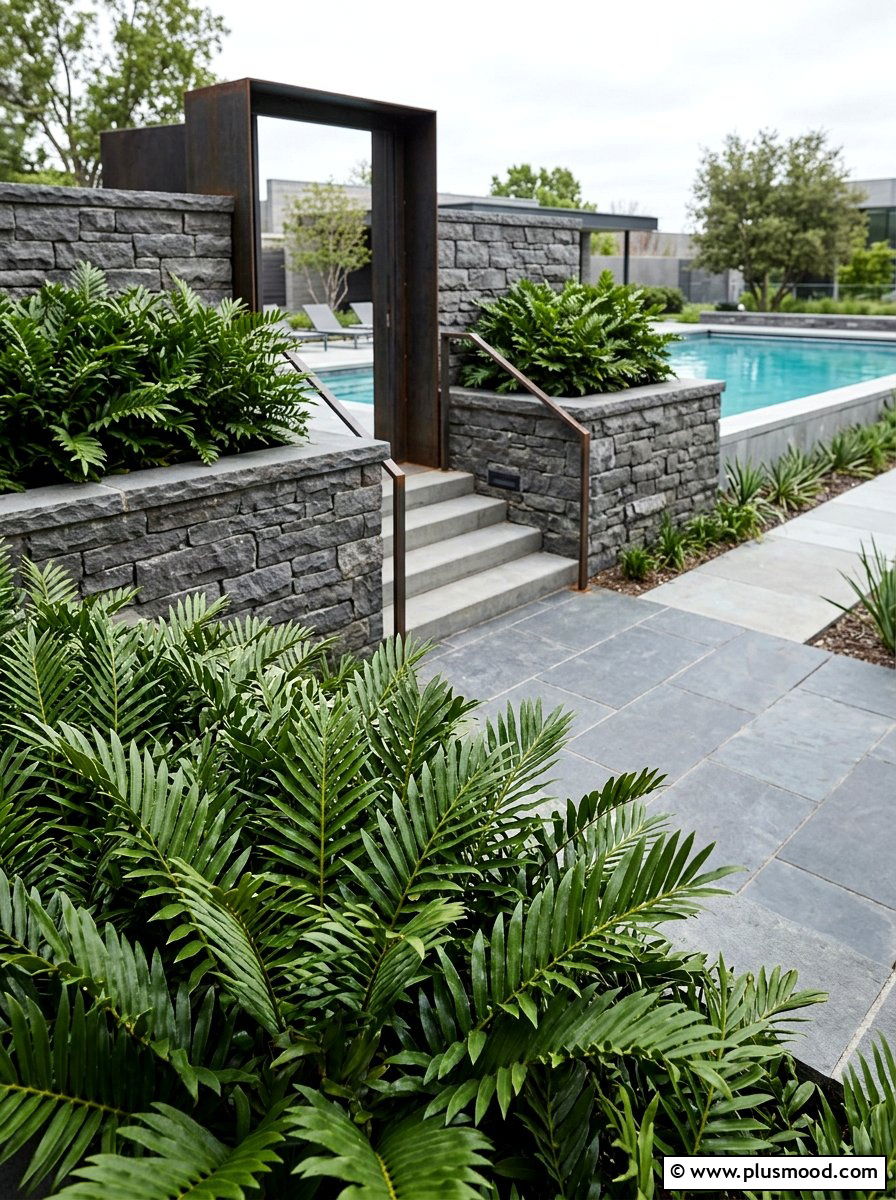 Leatherleaf fern pool planter - 25 pool landscaping ideas with ferns