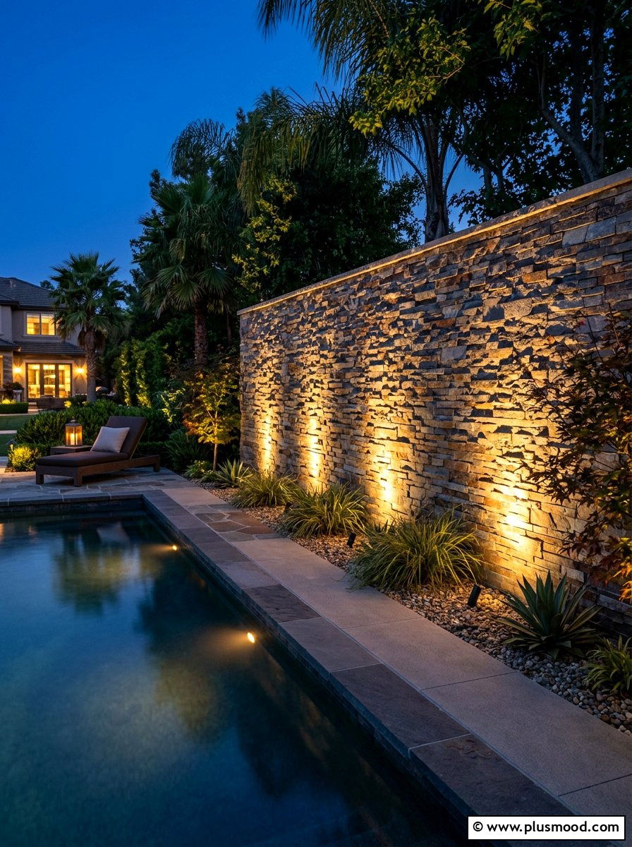 Ledgestone Wall With Accent Lights - 25 pool landscaping ideas with stone walls