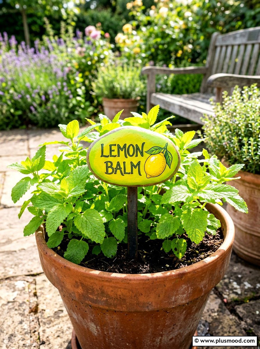 Lemon Balm Marker - 25 painted rock ideas for plant markers