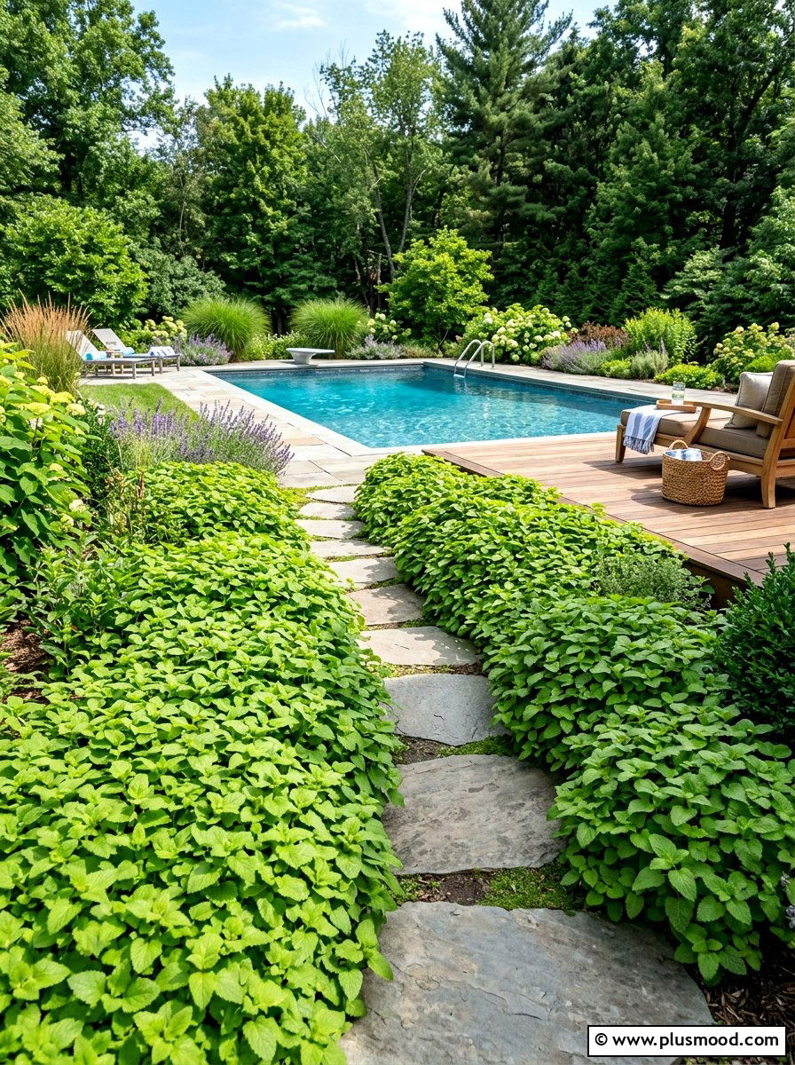Lemon Balm Pool Path - 25 pool landscaping ideas with herbs