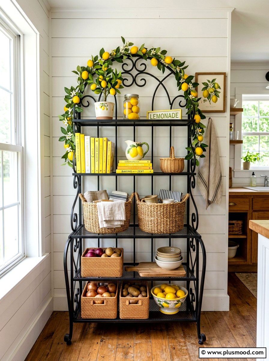 Lemon Garland Bakers Rack - 25 summer kitchen decor ideas with lemons