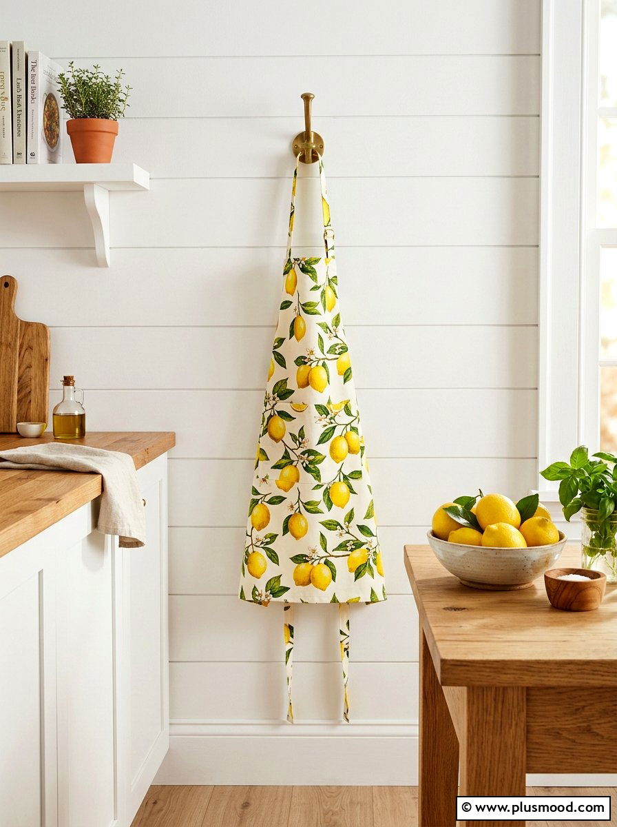 Lemon Print Apron Display - 25 summer lemon kitchen decor ideas