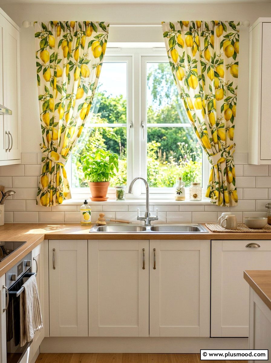 Lemon Print Kitchen Curtains - 25 summer lemon kitchen decor ideas