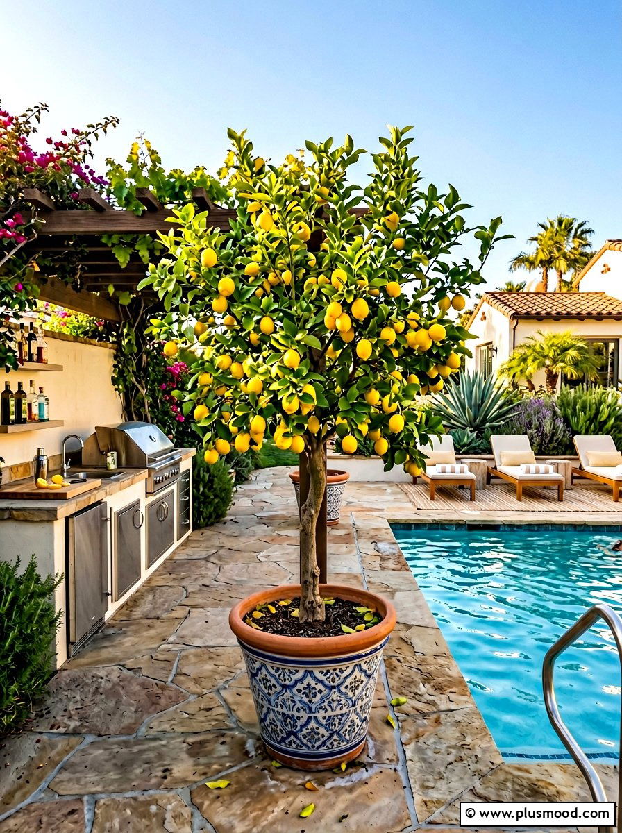 Lemon Tree In Sun Drenched Pool Nook - 25 pool landscaping ideas with potted plants