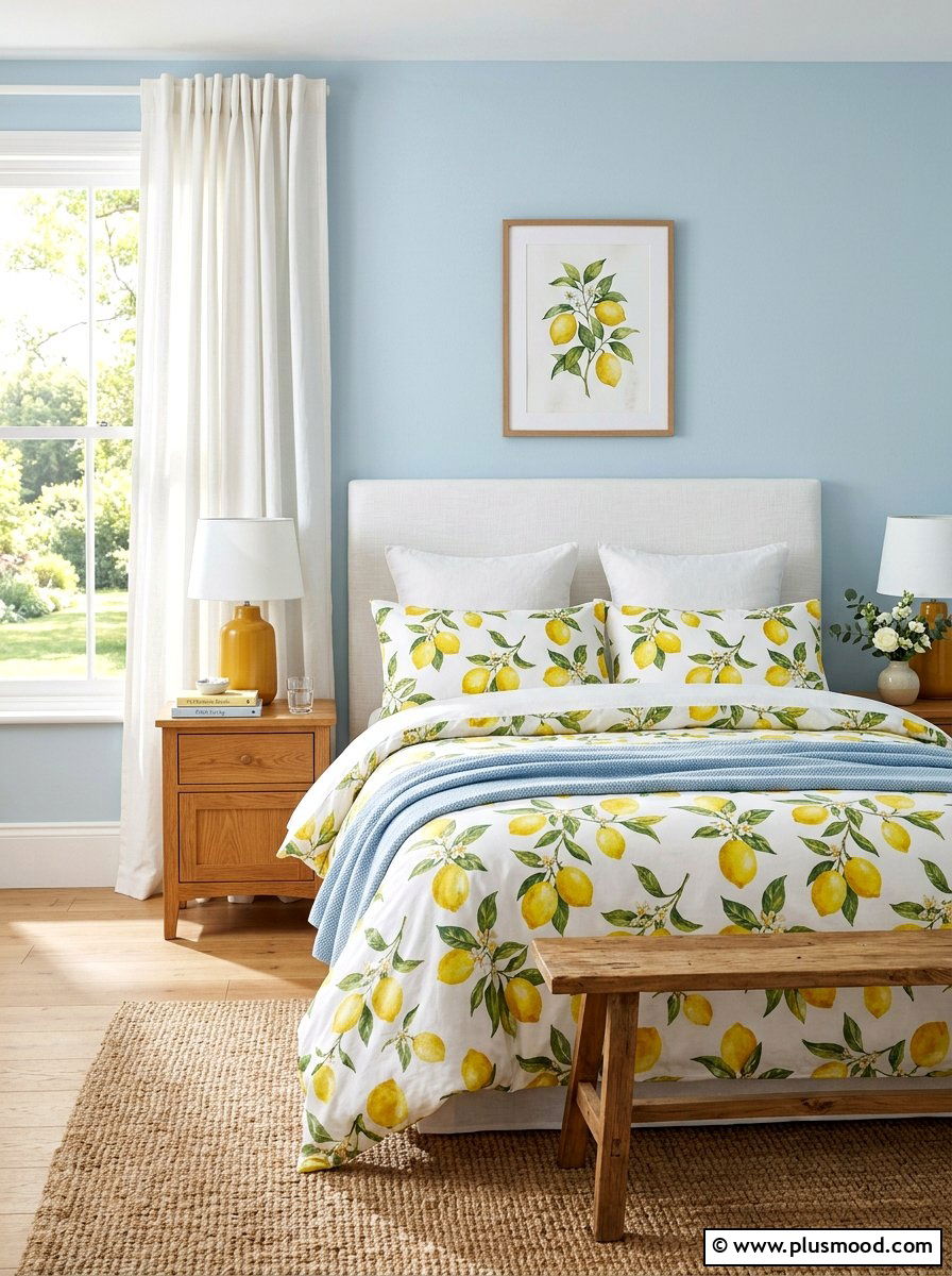 Lemon print bedding bedroom - 25 summer citrus home decor ideas